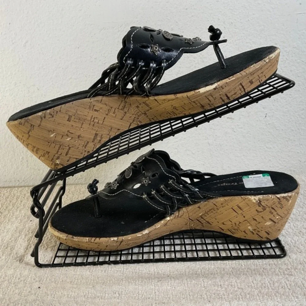 BareTraps Italicize Black Leather Floral Cutout Cork Wedge‎ Sandals Womens 10M
